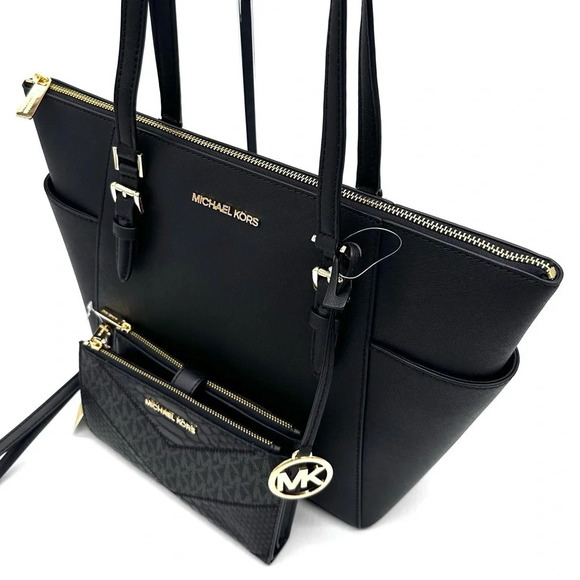 Michael Kors Large Charlotte Tote Bag & Large Double Zip Wallet Black (NWT) - Picture 10 of 13